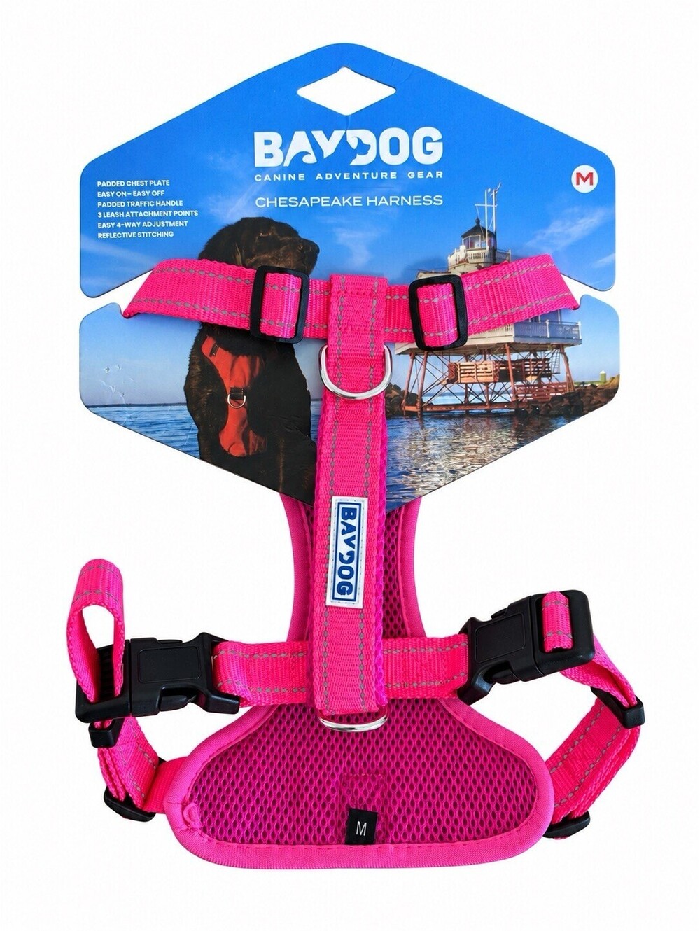 BAYDOG Chesapeake Dog Harness Medium Pink Reflective Padded 3 Leash Points